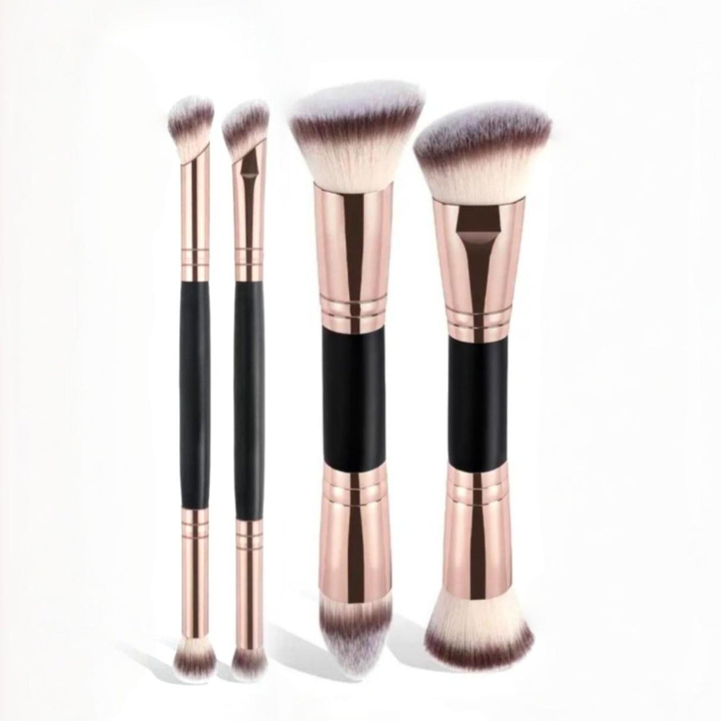 Double-Headed Makeup Brush Set - Black Handle, Multi-Color Hair, 4 Pieces