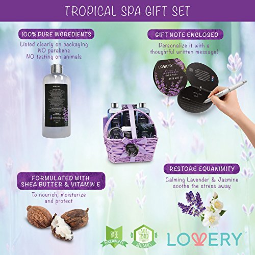 Gifts for Her, Spa Gift Basket, Luxury 9pc Bath & Body Set For Women & Men, Lavender & Jasmine Scent With Shower Gel, Bubble Bath, Lotion, Bath Salt, Body Scrub, Massage Oil, Loofah & Basket