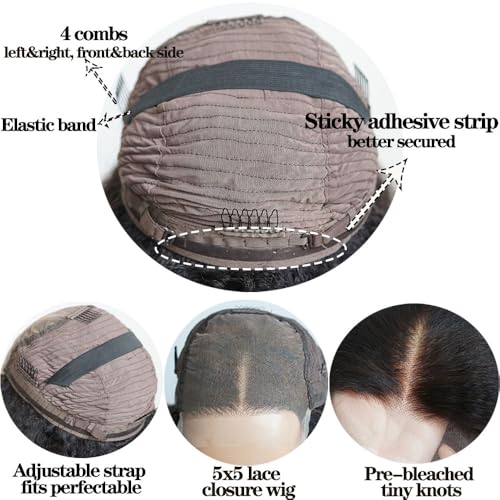 Kinky Straight and Body Wave Wig Glueless Pre Plucked Bleached Knots Lace Front Wig Melted Hairline Ready to Wear 5x5 HD Lace Closure Wigs Human Hair for Women 180% Density (14inches)