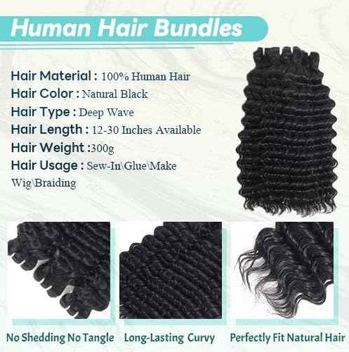 ONICE Deep Wave Bundles Human Hair (12 14 16 Inch) 100% Unprocessed Brazilian Weave 3 Bundles Human Hair Glossy Virgin Hair Bundles Curly Style Keep Texture Silky Soft Natural Black