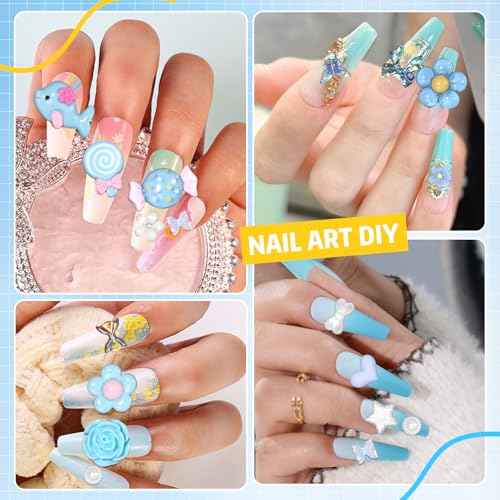 300 Pcs Blue Charms for Junk Cases, Cute Resin Nail Candy Flower Charms, 3D Mix Assorted Pearls Nail Charms, Multi Shapes Flower Bow Star Heart Junk Case Charms for Nail Art DIY Crafts Accessories