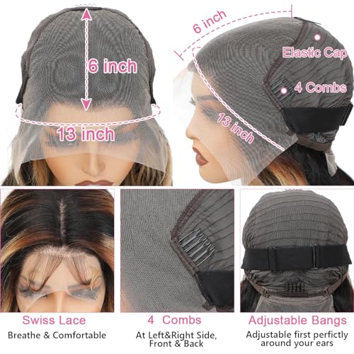 22 Inch 1B/27 13x6 Balayage Highlight Ombre Body Wave Lace Front Wigs Human Hair Honey Blonde Colored Lace Frontal Glueless Wigs Human Hair Pre Plucked for Women with Baby Hair