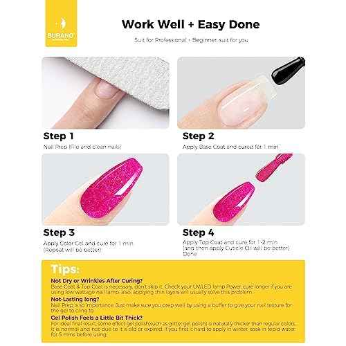 BURANO Glitter Gel Nail Polish - LED UV Curing, Holographic Effect, No Chip Sparkle Gel - Hot Pink (LP14)