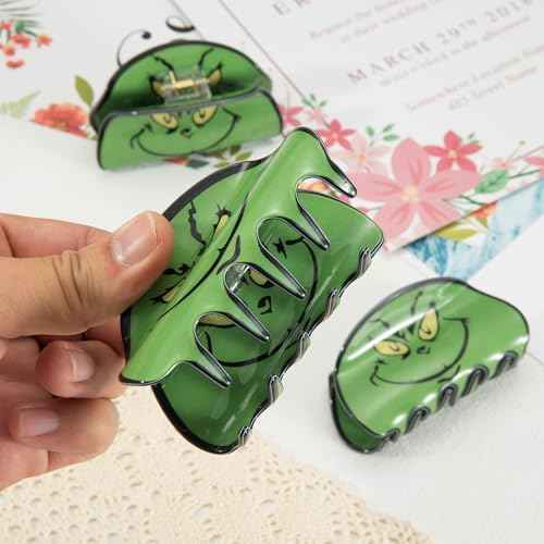3Pcs Christmas Hair Claw Clips Set for Women, Large Green Holiday Acrylic Clamp Strong Hold Hair Barrette Clips for Christmas Hair Accessories