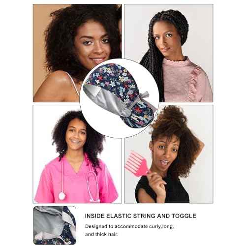 6 Pcs Satin Lined Scrub Caps Women Nurse Surgical Hat with Buttons Ponytail Working Adjustable Pouch Tie Back