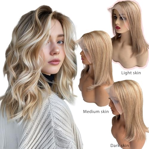 8T860 10 Inch Highlight Bob Wigs Human Hair for White Women Brown to Blonde with Brown Roots Ombre 13x6 HD Lace Front Wig Human Hair Pre Plucked Pre Cut Glueless Straight Bob Wigs with Baby Hair