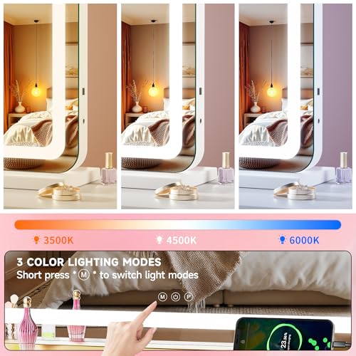 Vanity Mirror with Lights, 23" x 18" LED Makeup Mirror with 10X Magnification, Dimmable 3 Modes, Memory Function, Smart Touch, USB Charging Port, Lighted Makeup Mirror Round White