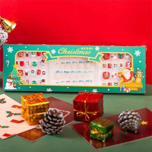 Kids Press on Nails Children Fake Nails 72PCS Artificial Nail Tips Adhesive Full Cover Short False Fingernails for Girls Kids Nail Decoration (Golden Christmas Snow)