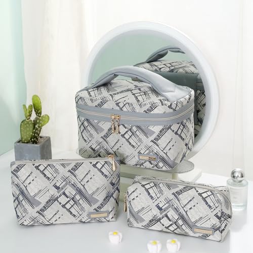 Richeart 3PC Makeup Bag Set, Cationic Jacquard Large Cosmetic Organizer, Back-Coated Solvent-Free Travel Toiletry Bag for Women - Gray