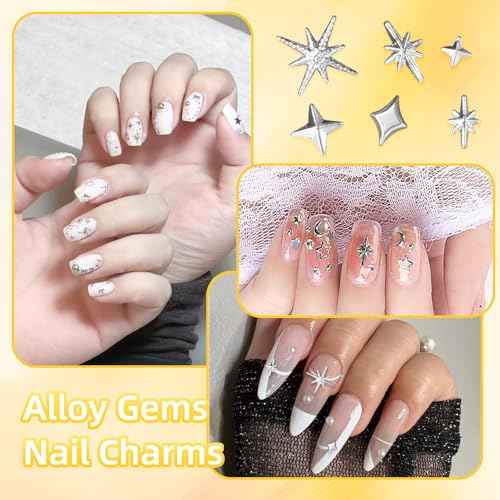 Star Nail Charms and Gold Nail Studs, Star Starshine Cross Metal Gold Nail Art Studs, Mixed Gold Silver Star Nail Charms and Gems, Golden Star Nail Art Charms, 3D Star Charms for Nail Art Y2K Decor