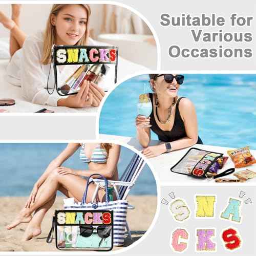 Snack Bag for Travel - Clear Chenille Varsity Letter Flat Pouch with Zipper, 12.2¡¿8.46 inch Waterproof Clear Nylon Preppy Patch Makeup Cosmetic tote Bags for Women Girls