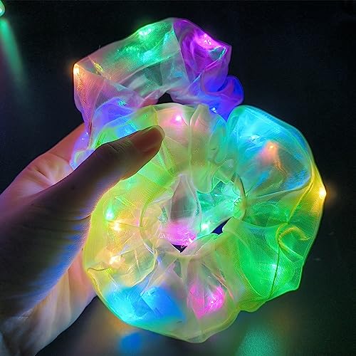 20Pcs Light Up Scrunchies with 12Pcs Satin Elastic Hair Bands, LED Hair Ties for Women & Girls, Glow in the Dark Party Supplies Christmas Party Favor Festival Rave Accessories for Neon Glow Party