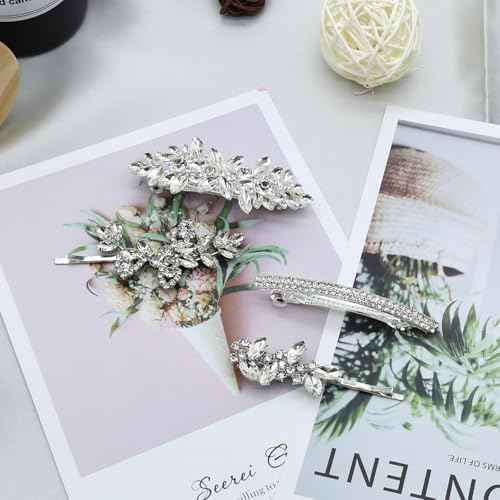 4 Pieces Rhinestone Hair Clips Leaf Wedding Hair Pins Crystal Bobby Pins Silver Bridal Hairpin Barrette for Brides Bridesmaids Flower Girls