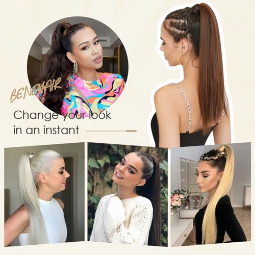 Benehair Ponytail Extension Wrap Around Ponytail Hair Extension with Magic Paste Human Hair Natural Long Straight One piece Hairpieces for Women 22inch Adding Volume Golden Brown&Bleach Blonde #12P613