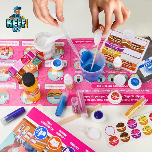 KEFF 51Pcs Lip Balm Making Kit - DIY Set for Natural Ingredients - Make Your Own Lip Gloss & Lip Balm for Kids Makeup Kit with Beeswax, Shea Butter, Flavor Oils, Mica Color Powders