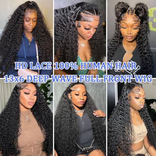 13x6 Deep Wave Lace Front Wigs Human Hair 18 Inch HD Transparent Lace Frontal Wigs Human Hair Deep Wave Wigs For Women 200 Density Deep Curly Wigs Pre Plucked With Baby Hair