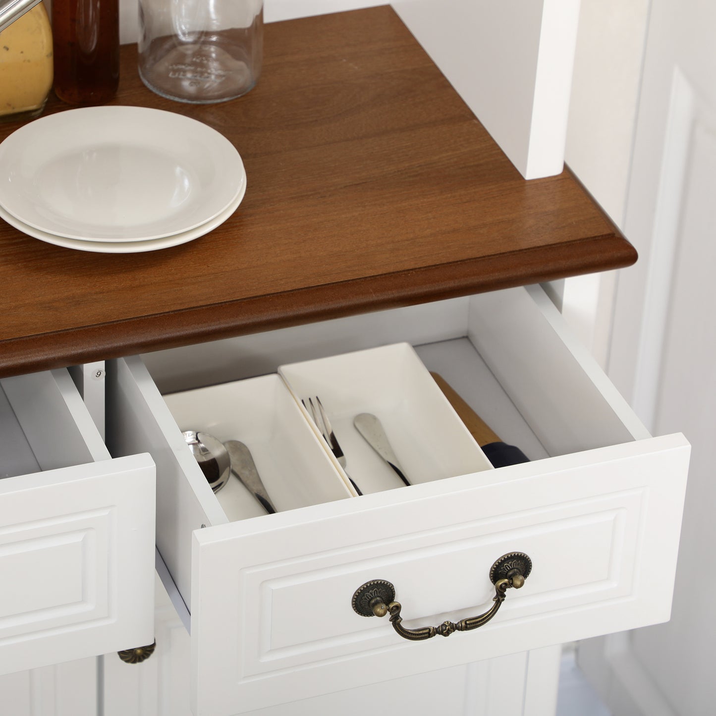 Freestanding Kitchen Buffet with Hutch - White Cabinet & Adjustable Shelves