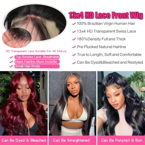 Human Hair Wig Body Wave Lace Front Wigs 180% Density 13x4 Pre Plucked Natural Hairline with Baby Hair HD Frontal Lace Wig For Women 24 inch