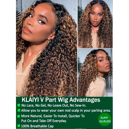 KLAIYI Ombre Brown Curly V Part Human Hair Upgrade U Part Wig with Dark Roots Glueless Highlight Balayage Clip in Half Wig No Glue No Lace No Leave Out 3S Ready to Wear and Go Beginner Friendly 14Inch