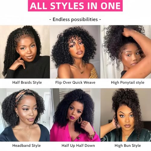 Half Wig 200 Density Kinky Curly Half Wig Human Hair Glueless Wear Go Curly Wig Beginner Friendly Seamless Flip Over Wig with Drawstring 3 In 1 Headband Wig for Women 16 Inch