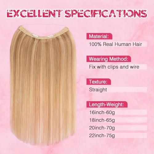 Halo Hair Extensions Real Human Hair, MY-LADY Adjustable Halo Extensions Real Human Hair, 18 inch Golden Brown mix Bleach Blonde Women's Long Straight Hair Invisible Wire Hair Extensions