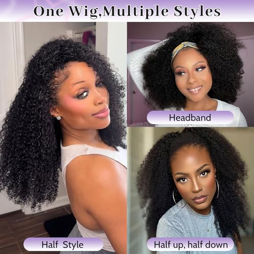 Kinky Curly Half Wig Human Hair 210 Density 100% Unprocessed 3 In 1 Half Wig Curly Human Hair With Drawstring Seamless Flip Over Wigs Glueless Beginner Friendly 16 Inch
