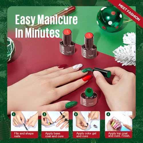 MEFA 19 Pcs Gel Nail Polish Kit with U V Light, 12 Christmas Colors Burgundy Red Dark Green Glitter Gel Polish Winter Silver Gold Sparkle Nail Polish Manicure Soak Off DIY Salon Decorations Gifts