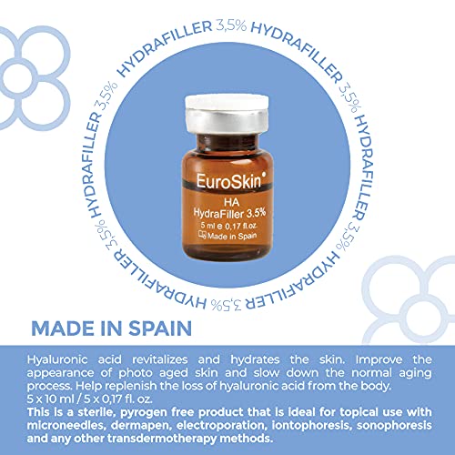 Hydra line hyaluronic acid. Hydrafiller 3.5%. Hyaluronic acid revitalizes and hydrates the skin. Aestheticians' favorite serum. 5 vials x 10 ml / 5 vials x 0,17 fl. oz.