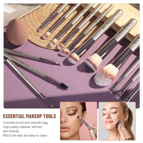 Travel Makeup Brush Set BS-MALL 14 Pcs with 1 Pcs Makeup Sponge ? Essential Foundation Powder Concealers, Eye Shadows, Blush Makeup Brushes with Travel Makeup Case (Champagne)
