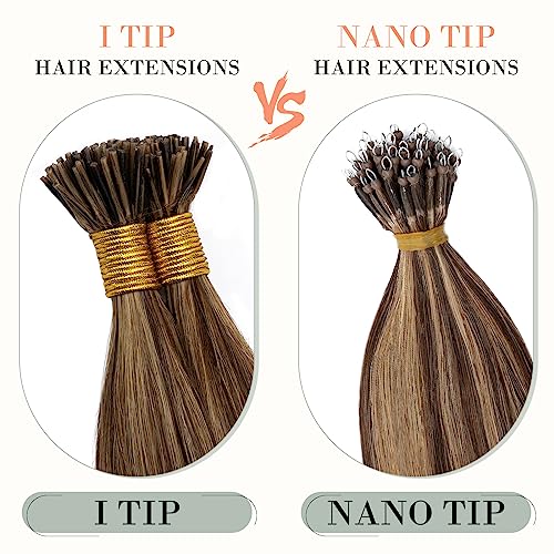 Hairro I Tip Human Hair Extensions Pre Bonded Fusion Hair Tipped Remy Hair Pieces Silky Straight Microlink Itip Keratin Stick Hairpieces For Women 22" 100 Strands 50g #4P27 Medium Brown&Dark Blonde