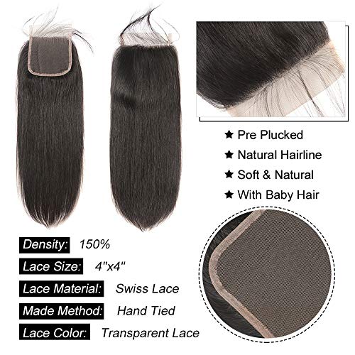 Brazilian Straight Hair With Closure 3 Bundles Unprocessed Virgin Human Hair Bundles With Lace Closure Free Part Hair Extensions Natural Color (20 22 24+18",Free Part)