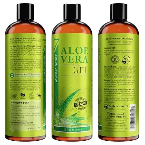 Seven Minerals Organic Aloe Vera Gel from freshly cut 100% Pure Aloe - Big 12oz - HighestQuality, Texas grown, Vegan, Unscented - For Face, Skin, Hair, Sunburn relief