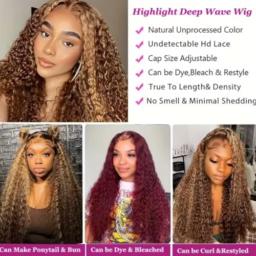Highlight Honey Blonde Deep Wave Lace Front Wig 13¡¿6 Ombre P4/27 Highlight colored Lace Front Wigs Human Hair Pre Plucked Bleached Knots 200% Density (13x6 Honey Deep, 18 inch)