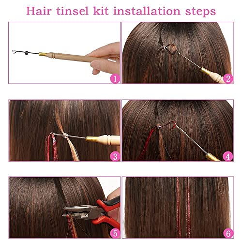 AMchoice Hair Tinsel Kit with Tools 12 Colors 3000 Strands Fairy Hair Tinsel Heat Resistant Sparkling Shiny Tinsel Hair Extensions 48 Inch Colorful Hair Tinsel strands Kit