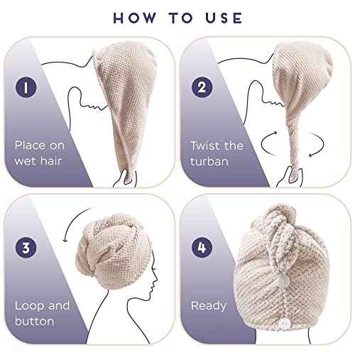 2 Pack Microfiber Hair Towel Wrap for Women, Anti Frizz Quick Drying Hair Turban for All Hair Style, Absorbent and Lightweight (Beige)