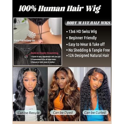 Sherico 13x6 Body Wave Lace Front Wigs Human Hair 180 Density HD Transparent Lace Frontal Wigs Human Hair Elastic Drawstring Glueless Wigs Human Hair Wig for Black Women(Black,22 Inch,body)