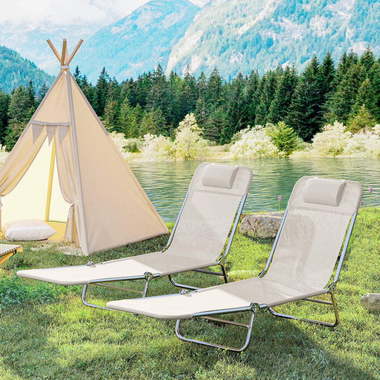 2 Piece Folding Chaise Lounge Chairs with Reclining Back - Cream White