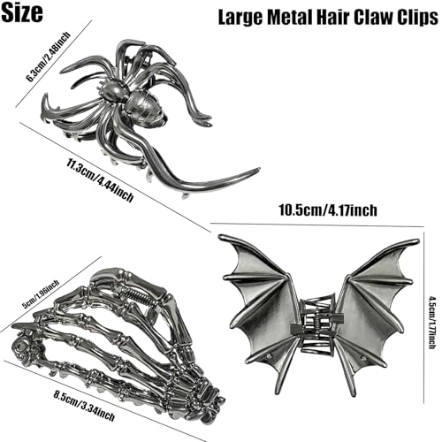 3 Pieces Large Metal Spider Net Bat Hand Hair Claw Clips for Women and Girls Thick Long Hair, Nonslip Skeleton Spooky Barrette Headband Hair Styling Accessories for Halloween Christmas Gifts