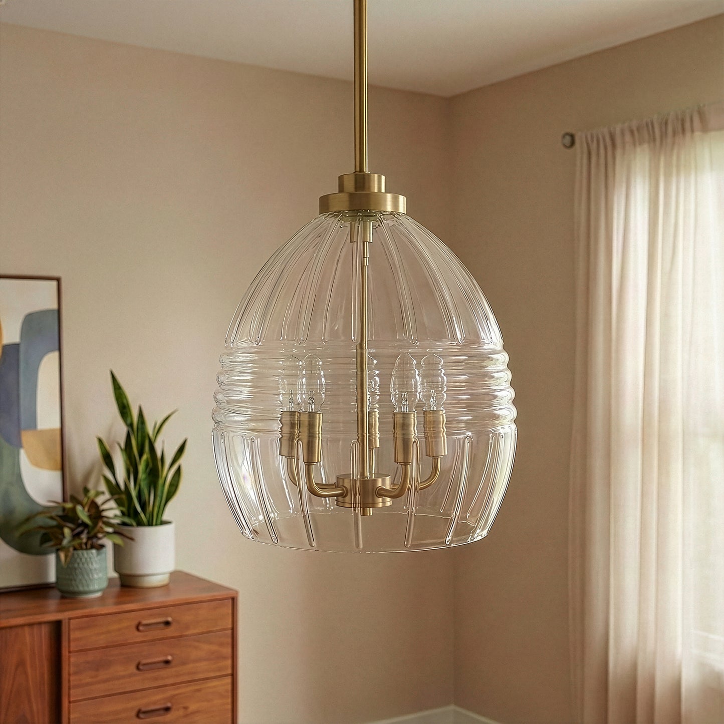 Zen Five Pendant Chain Hanging Light With Clear Glass - Satin Brass