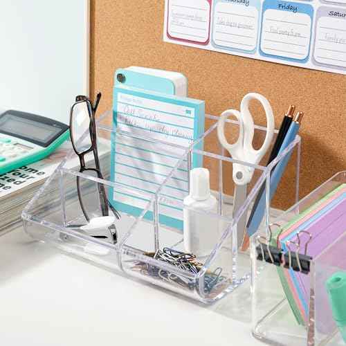 STORi Clear Plastic Vanity Makeup Organizer | 6-Compartment Holder for Brushes, Eyeshadow Palettes, & Beauty Supplies | Curved Front Design | Made in USA
