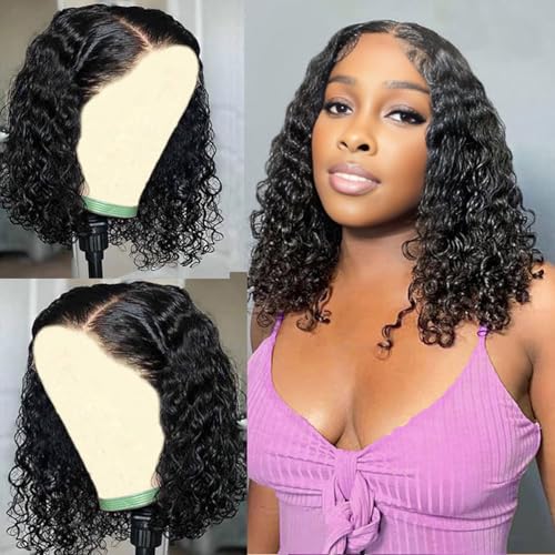 JCL Glueless Wigs Human Hair Pre Plucked Pre Cut 10 Inch Curly Human Hair Wig 4x4 HD Lace Closure Wigs Glueless Wear and Go Bob Wig Human Hair for Black Women Deep Wave Lace Front Wigs