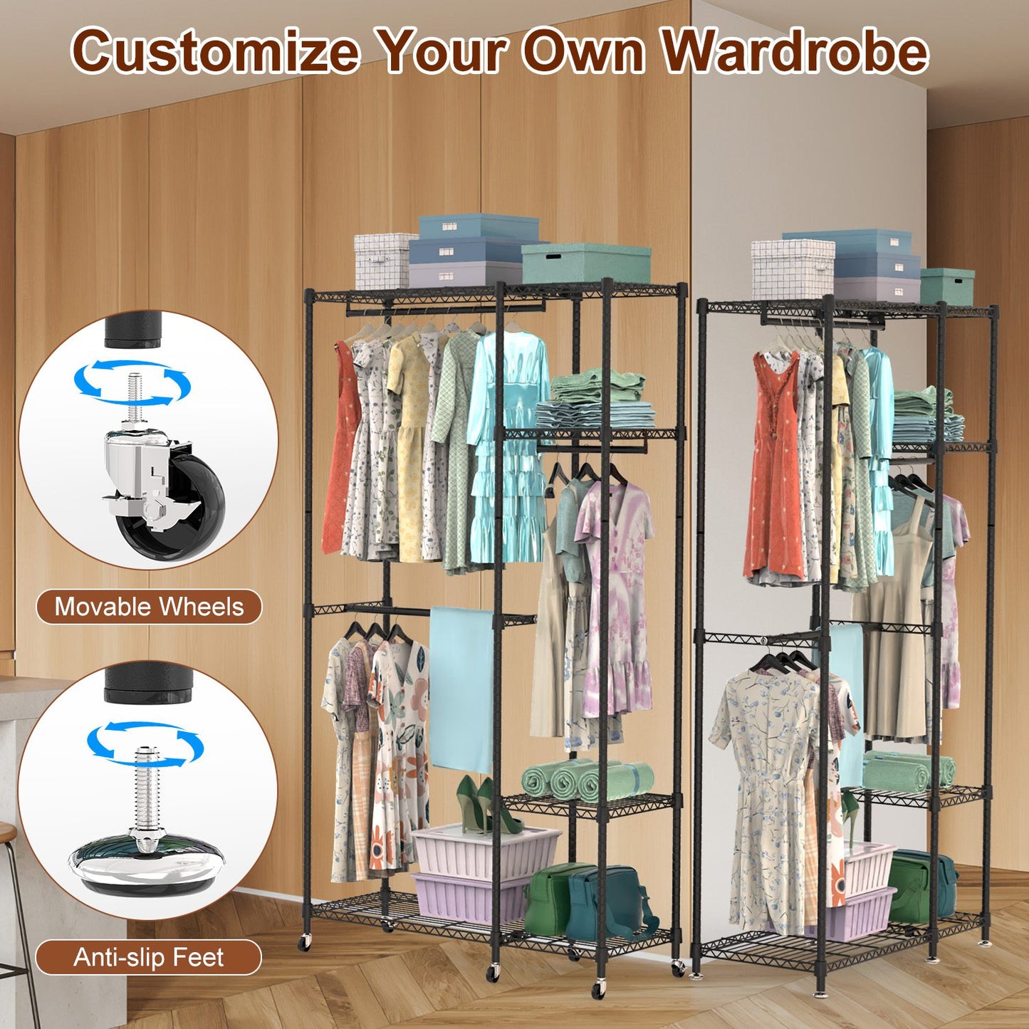 1Pc 4 Tier Heavy Duty Garment Rack With Wheels Carbon Steel Clothing