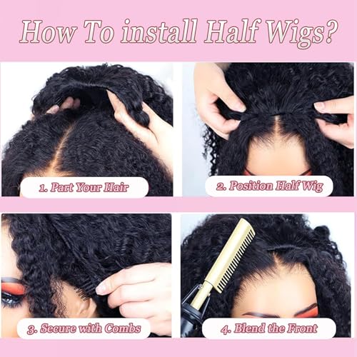 Curly Half Wig Human Hair 180% Density Deep Wave Glueless Wigs Upgrade 3 In 1 Wigs Beginner Friendly Seamless Flip Over Drawstring Curly Wig Ready to Go Headband Wig Natural Black Color 18 Inch