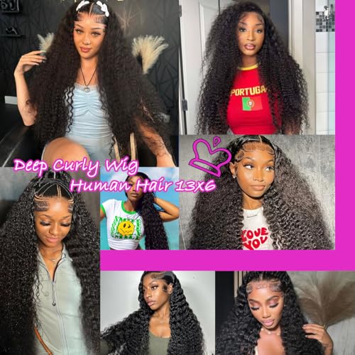 Deep Wave Lace Frontal Wigs Human Hair Pre Plucked Wet and Wavy 13X6 Lace Front Wigs Human Hair Glueless Brazilian Natural Black Deep Curly Wigs for Black Women 210% Density 18Inch