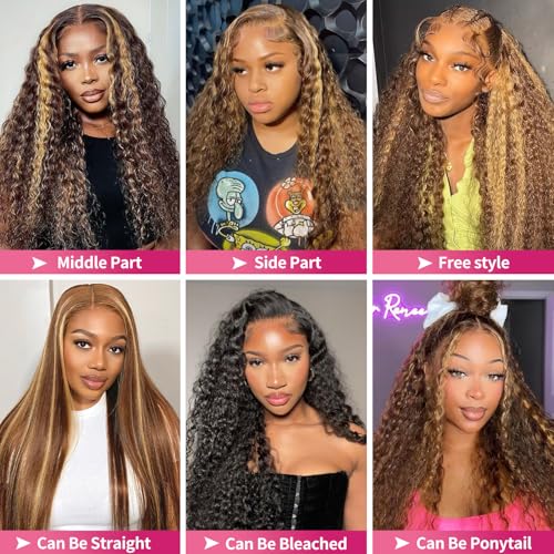 Honey Blonde Ombre Lace Front Wig Human Hair 13x6 HD Highlight Deep Wave Lace Front Wigs Human Hair Pre Plucked 200% Density 4/27 Colored Curly Frontal Wigs for Women 24 Inch