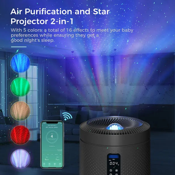 Black Large Room Air Purifier with Star Projector, WiFi & UV Sterilization