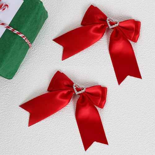 Red Hair Bow Clips Satin Bowknot Hair Clips Sweet Heart Rhinestones Ribbon Hairpins for Girls Chirstmas Valentine's Day Party Hair Accessories