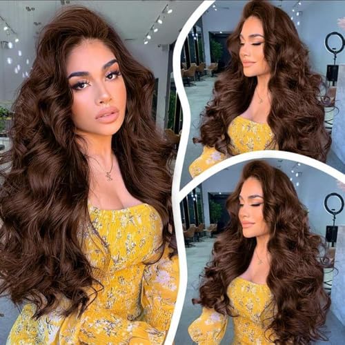 32 Inch Chocolate Brown Lace Front Wig Human Hair 9x6 Brown Glueless Wigs Human Hair Pre Plucked Pre Cut 220 Density Wear and Go Glueless Wig with Baby Hair Brown Body Wave Wig for Women Brown Wig