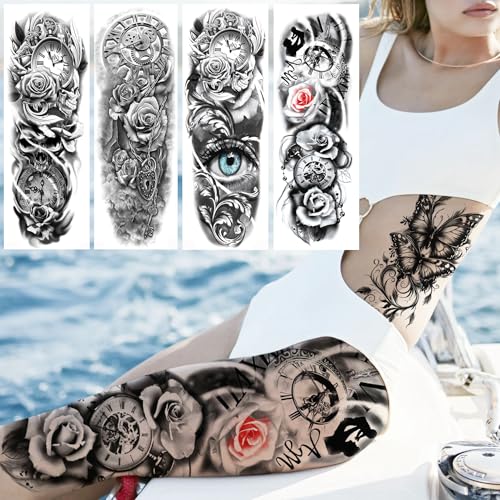20 Sheets Sexy Rose Flower Full Arm Sleeve Temporary Tattoos For Women Adults Thigh, Half Arm Sleeve Tattoos For Men Angel Anchor Peace Dove Eagle Owl Compass Eye, Black Halloween Fake Tattoo Stickers