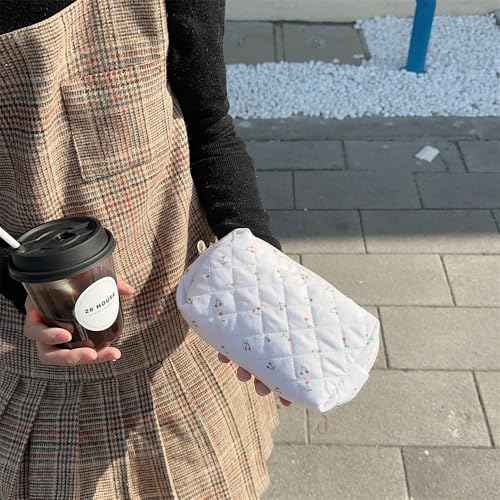 2 Pieces Portable Makeup Bag Travel Small Zipper Cosmetic Bags Organizer for Women Handbag Toiletry Storage Pouch Waterproof Quilting Purse,White Cherry